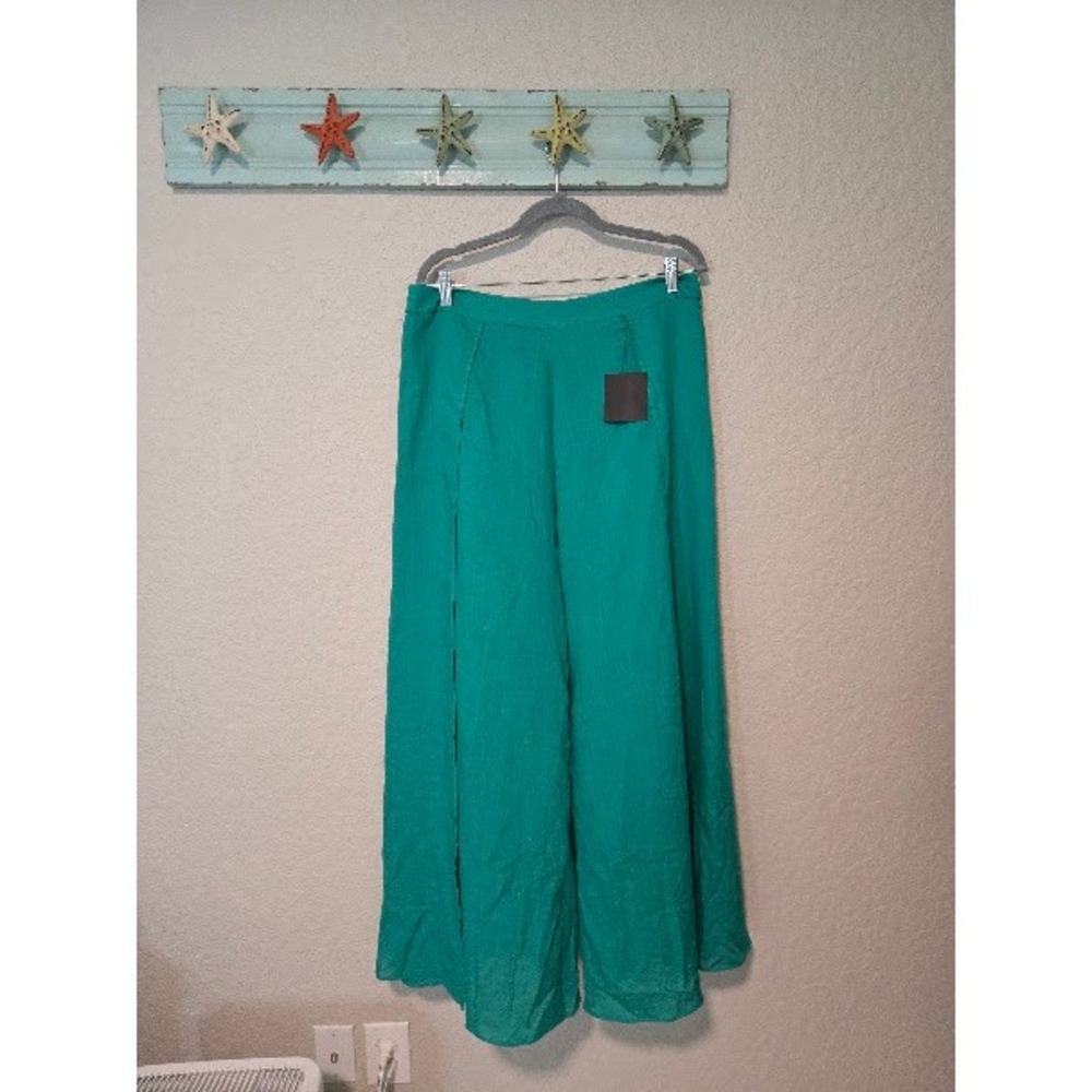 Lulus Emerald Green Wide Leg High Waisted Side Slit Pants XL Woven Metallic